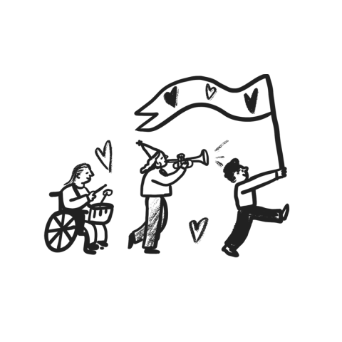 A parade of three people with music, banners and hearts