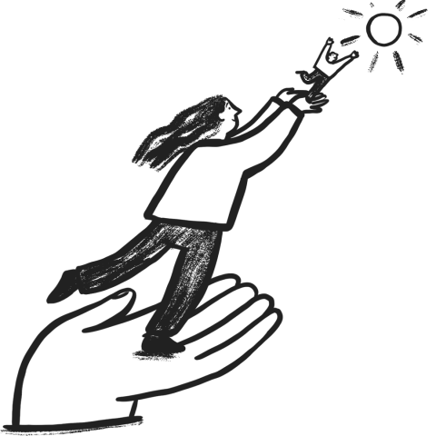 A large hand is lifting up a woman, who is also lifting up an even smaller woman towards the sun